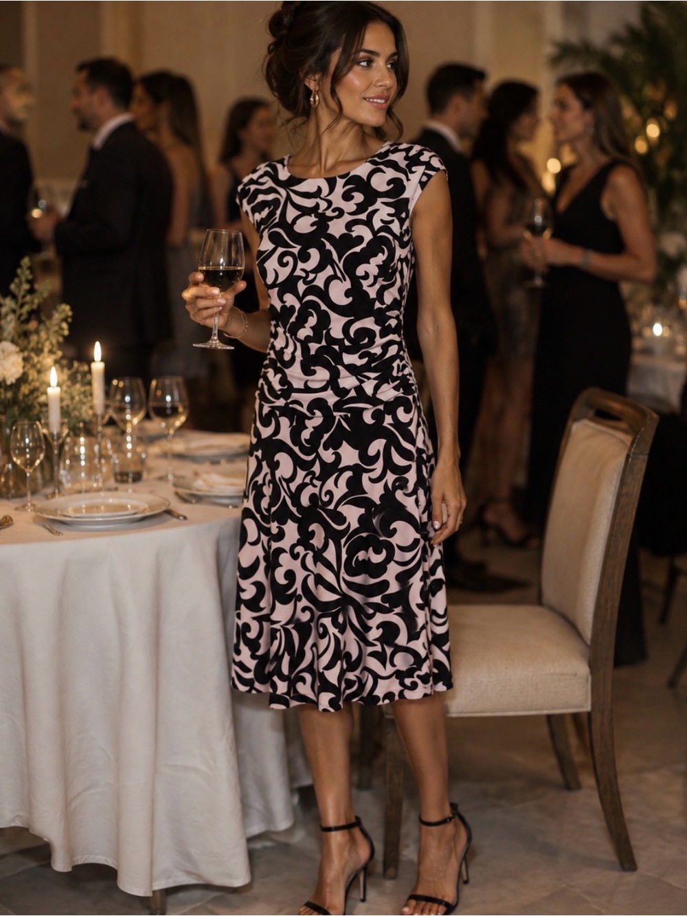 Enfocus Studio White and Black Cap Sleeve Ruched Waist Dress